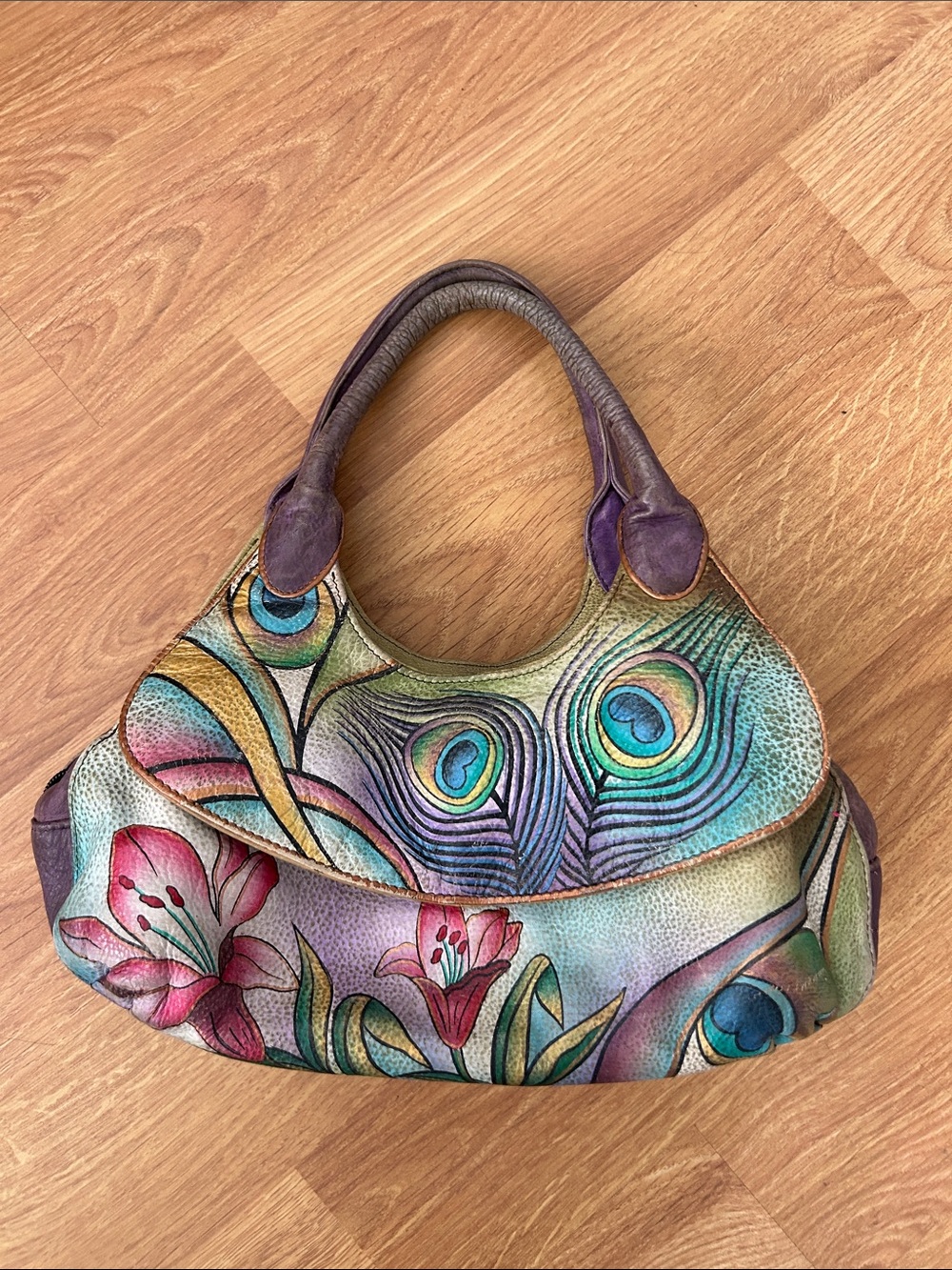 Anuschka Hand-Painted Peacock & Floral Leather Shoulder Bag - Teal/Purple/Pink
